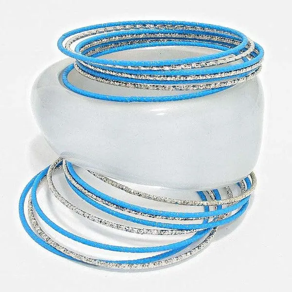 16 Layered Blue & Silver Stackable Bangle Bracelet Set