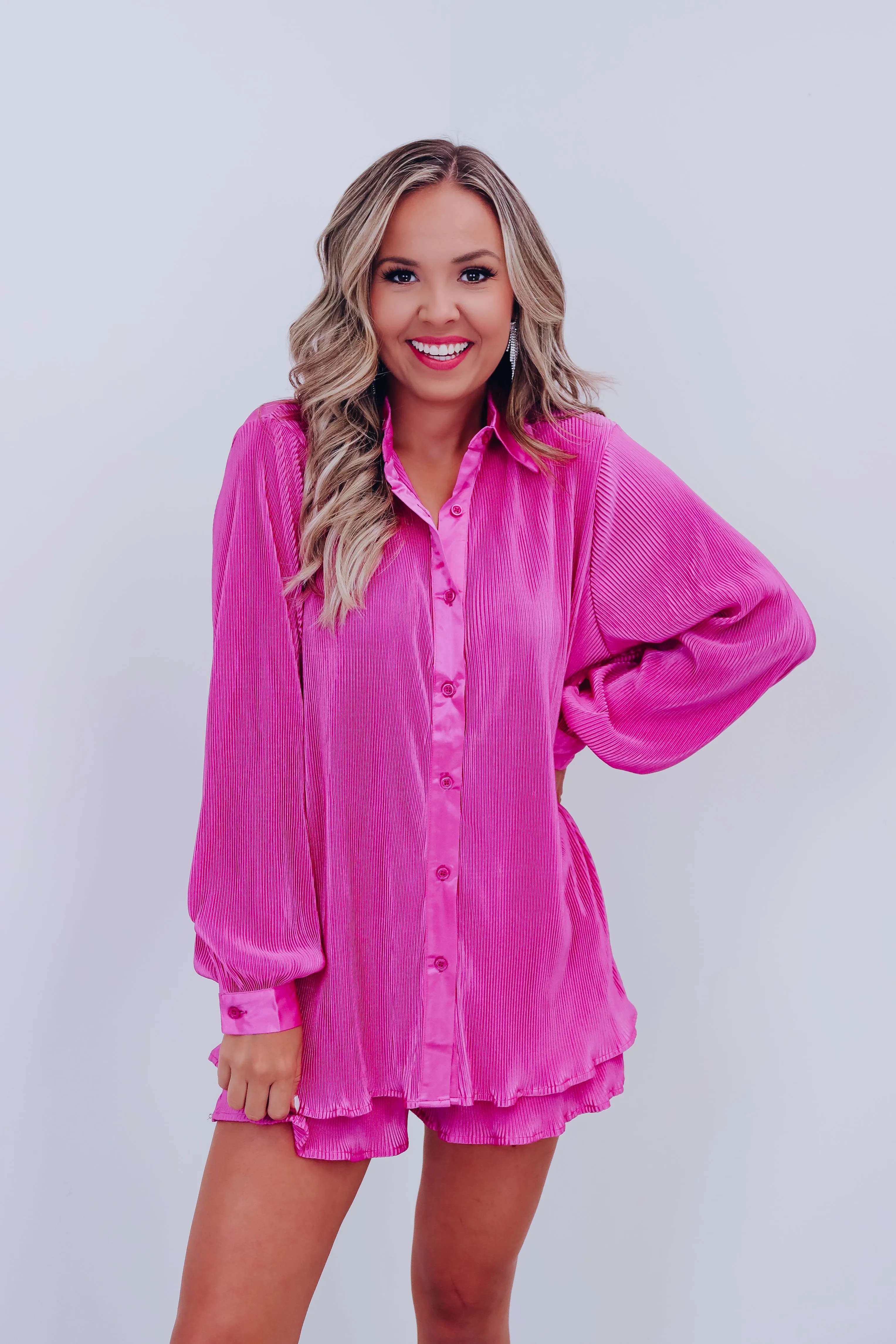 A Little More Lux Button Down Shirt And Shorts Set - Pink