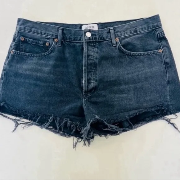 Agolde Parker Black Vintage Button Fly Cut Off Denim Shorts 32