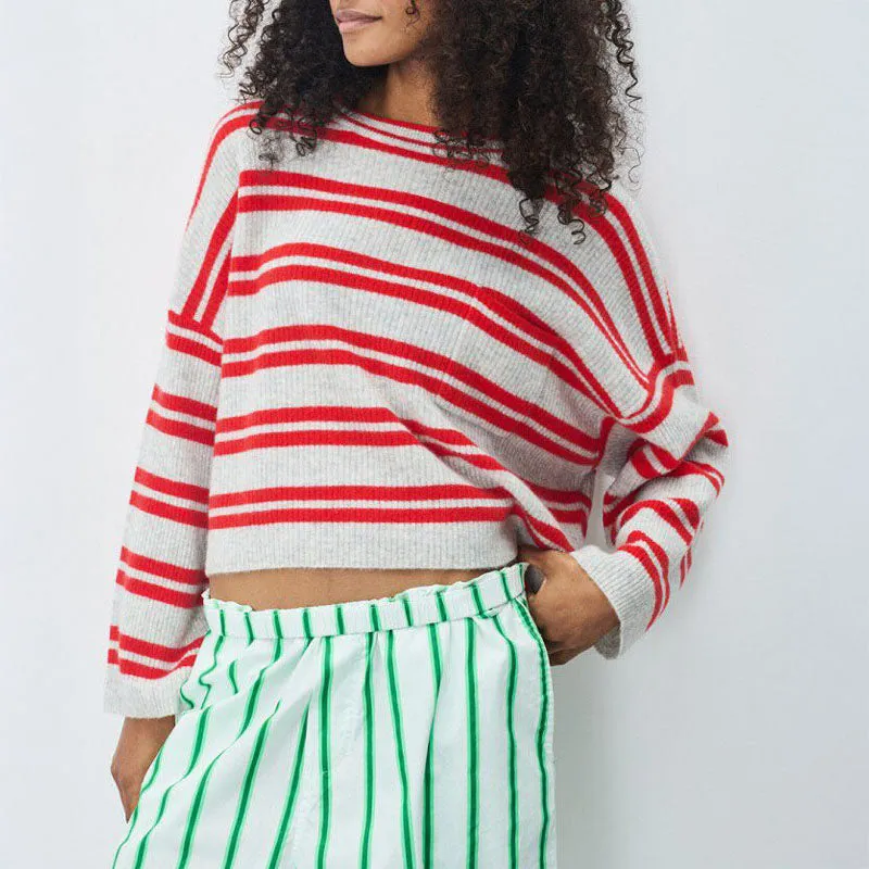 AMERICAN VINTAGE Raxow Jumper in Heather Grey Strawberry Stripes