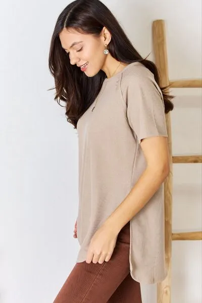 Anders Zenana Baby Waffle Short Sleeve Slit High-Low T-Shirt