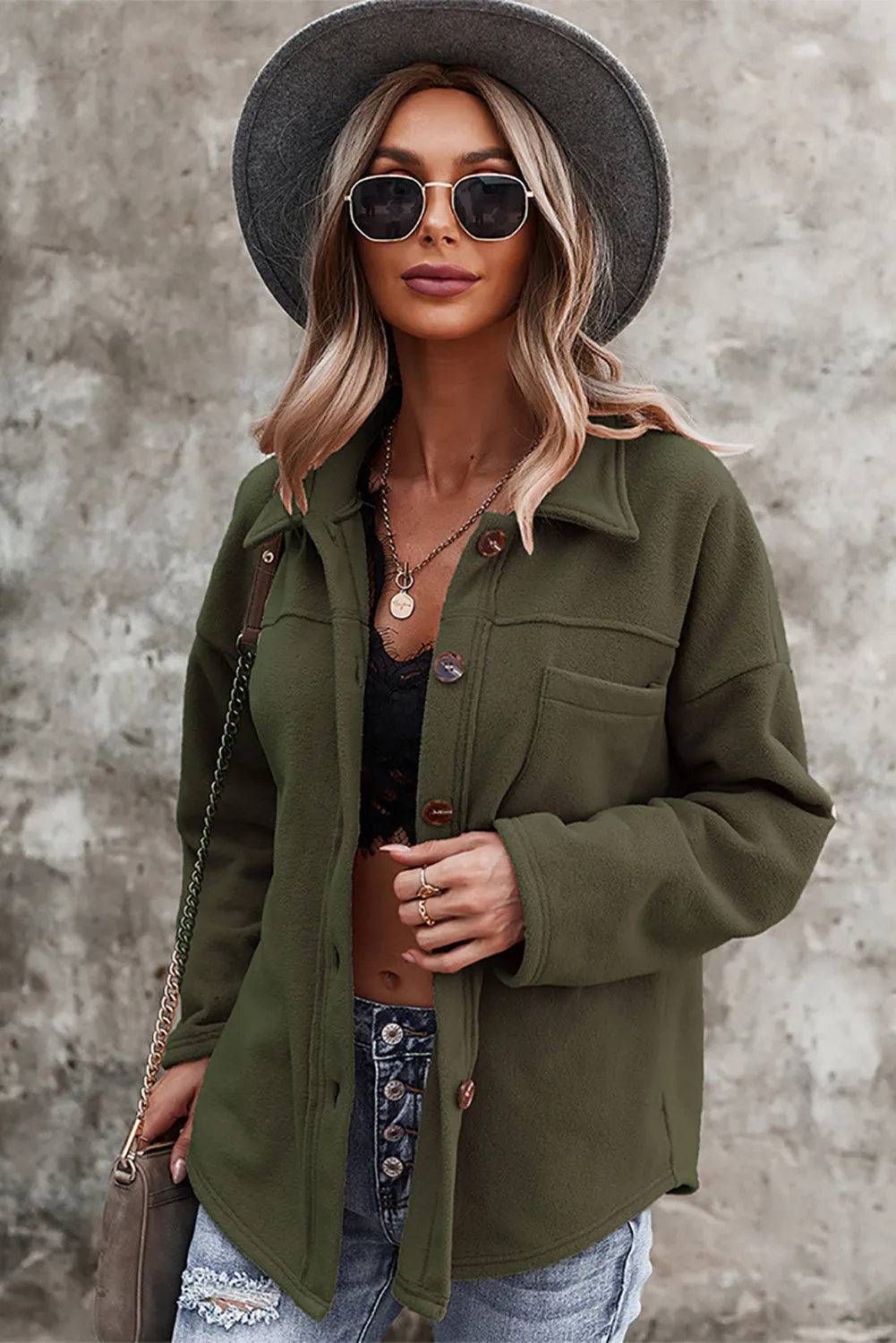 Army Green Turn Down Collar Pocket Button Closure Warm Coat