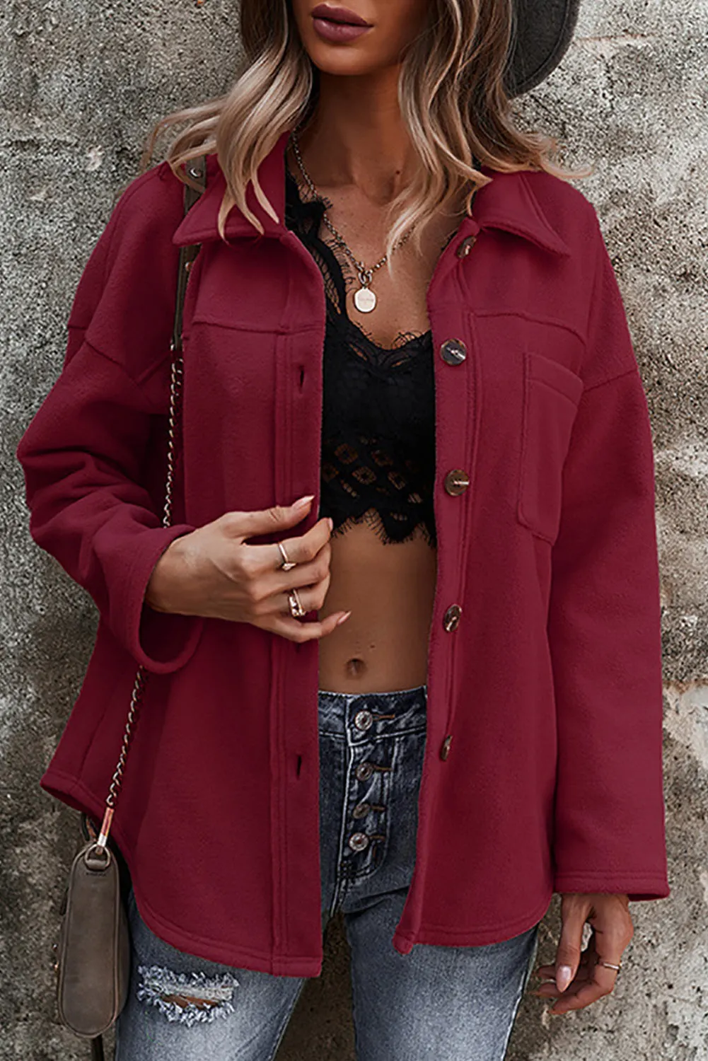 Army Green Turn Down Collar Pocket Button Closure Warm Coat