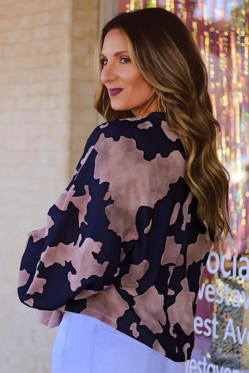 Black Cow Spots Print Drop Shoulder Puff Sleeve Sweatshirt