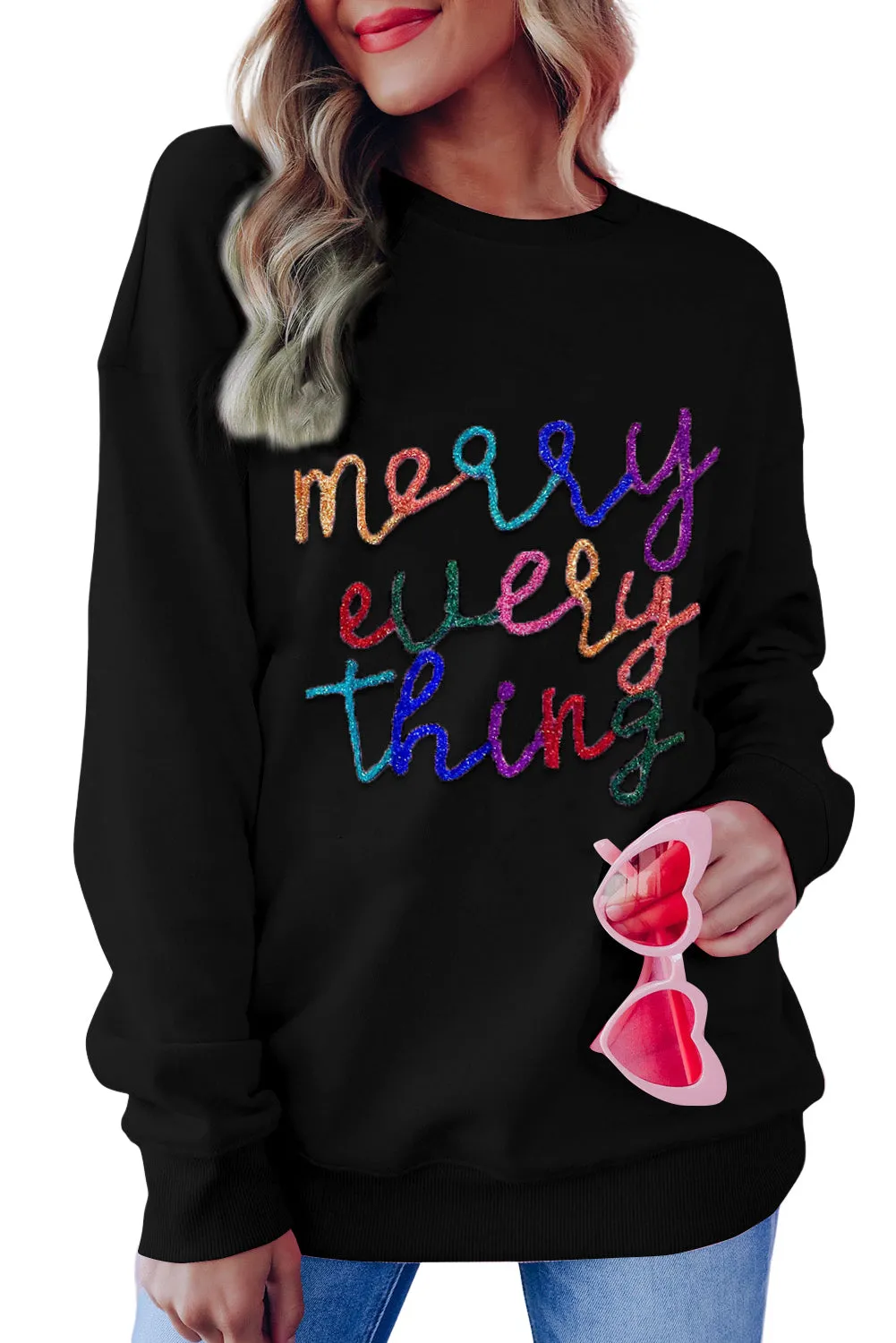Black Merry Every Thing Glitter Script Sweatshirt