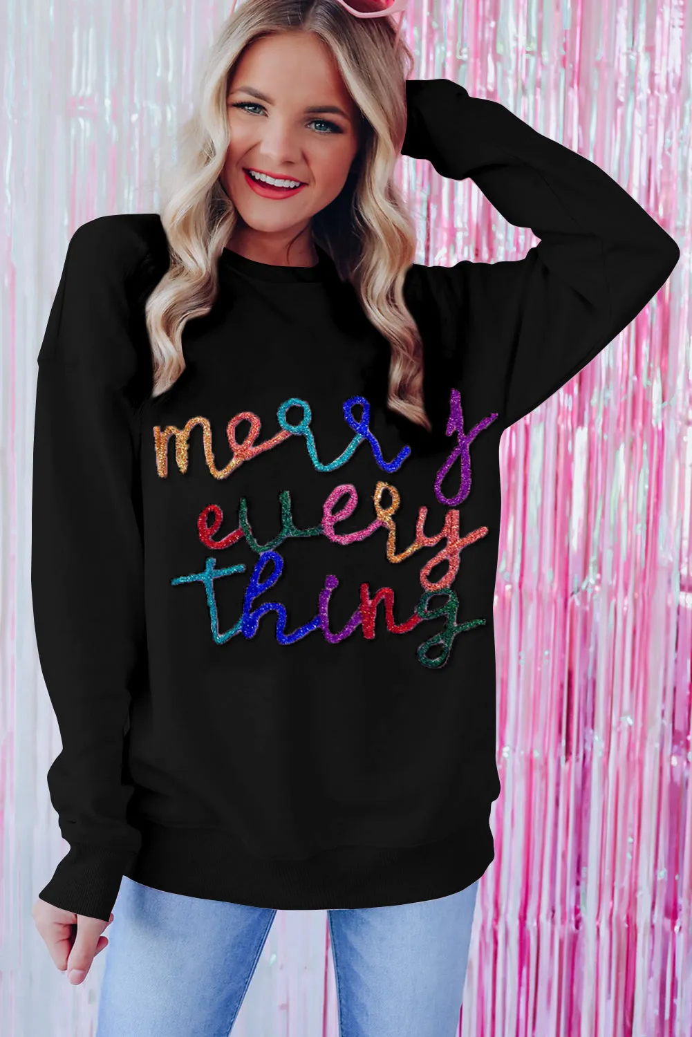 Black Merry Every Thing Glitter Script Sweatshirt