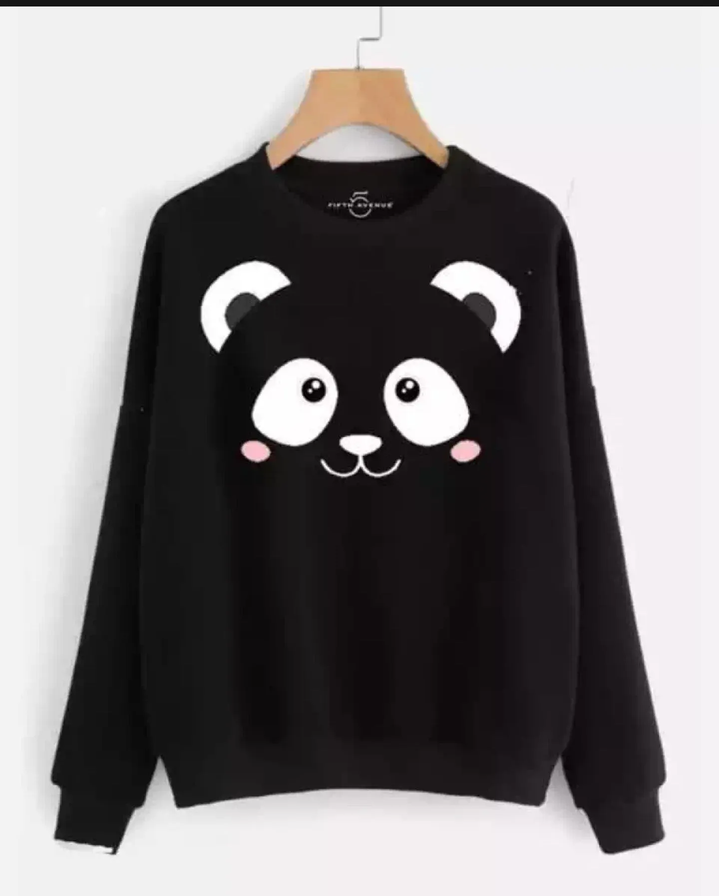 Black Panda Printed Fleece Full Sleeves Pull Over Sweatshirt For Women