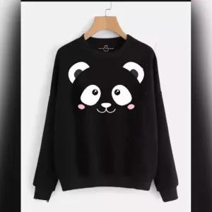 Black Panda Printed Fleece Full Sleeves Pull Over Sweatshirt For Women
