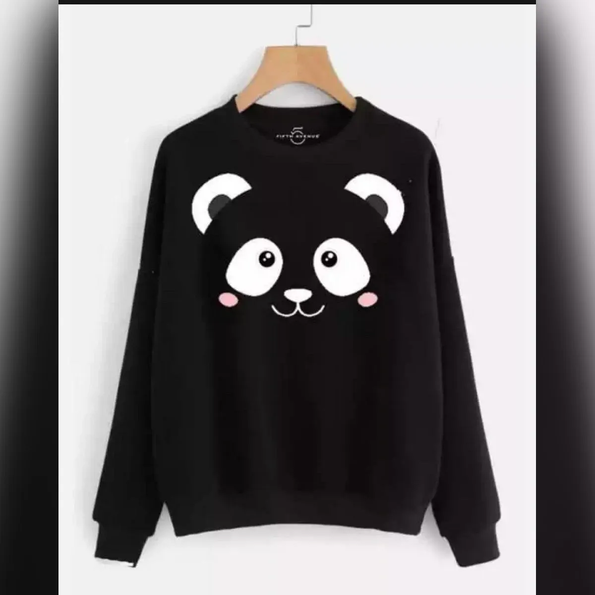 Black Panda Printed Fleece Full Sleeves Pull Over Sweatshirt For Women