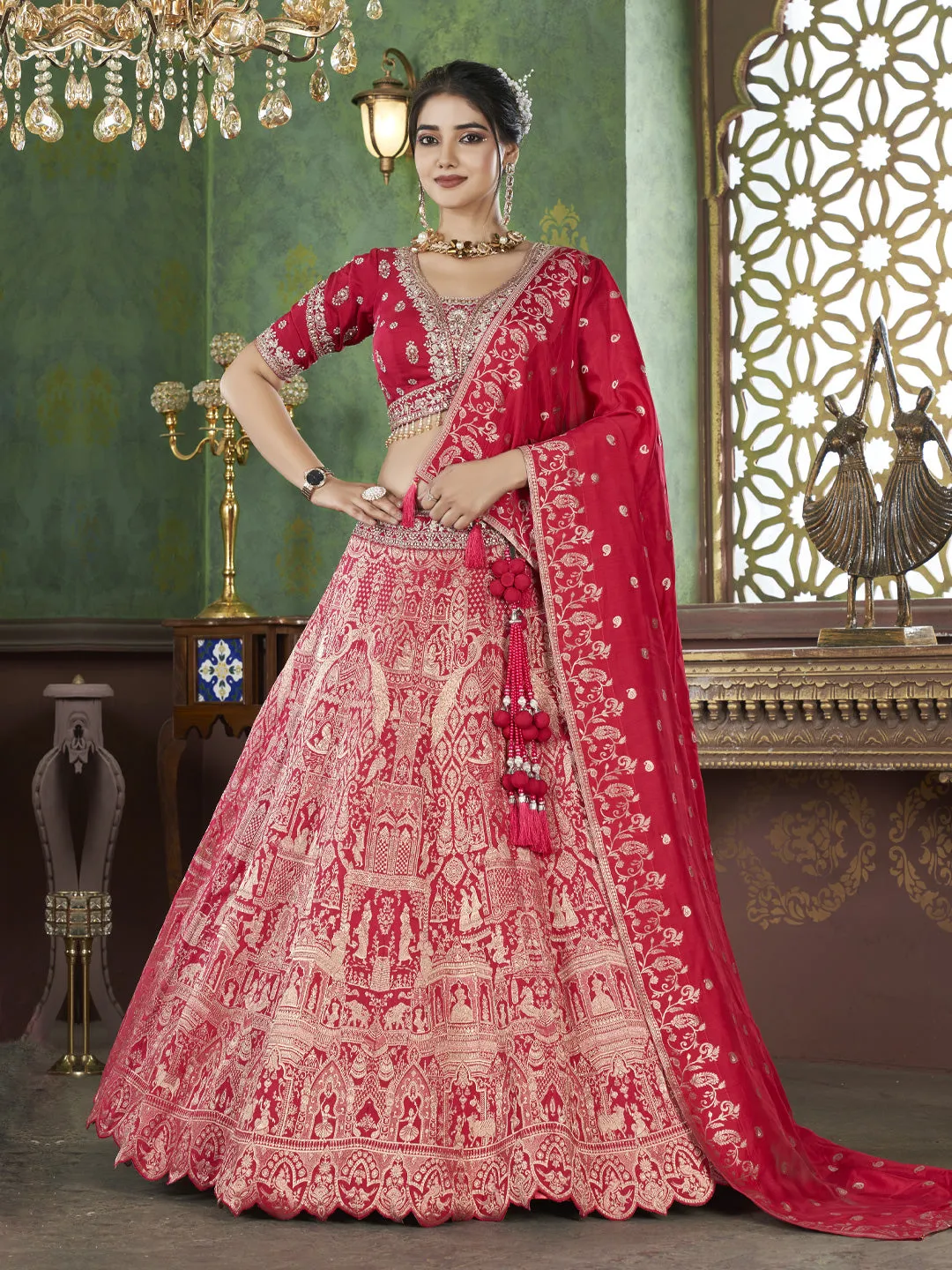 Bold Red Lehenga with Matching Jacquard Dupatta