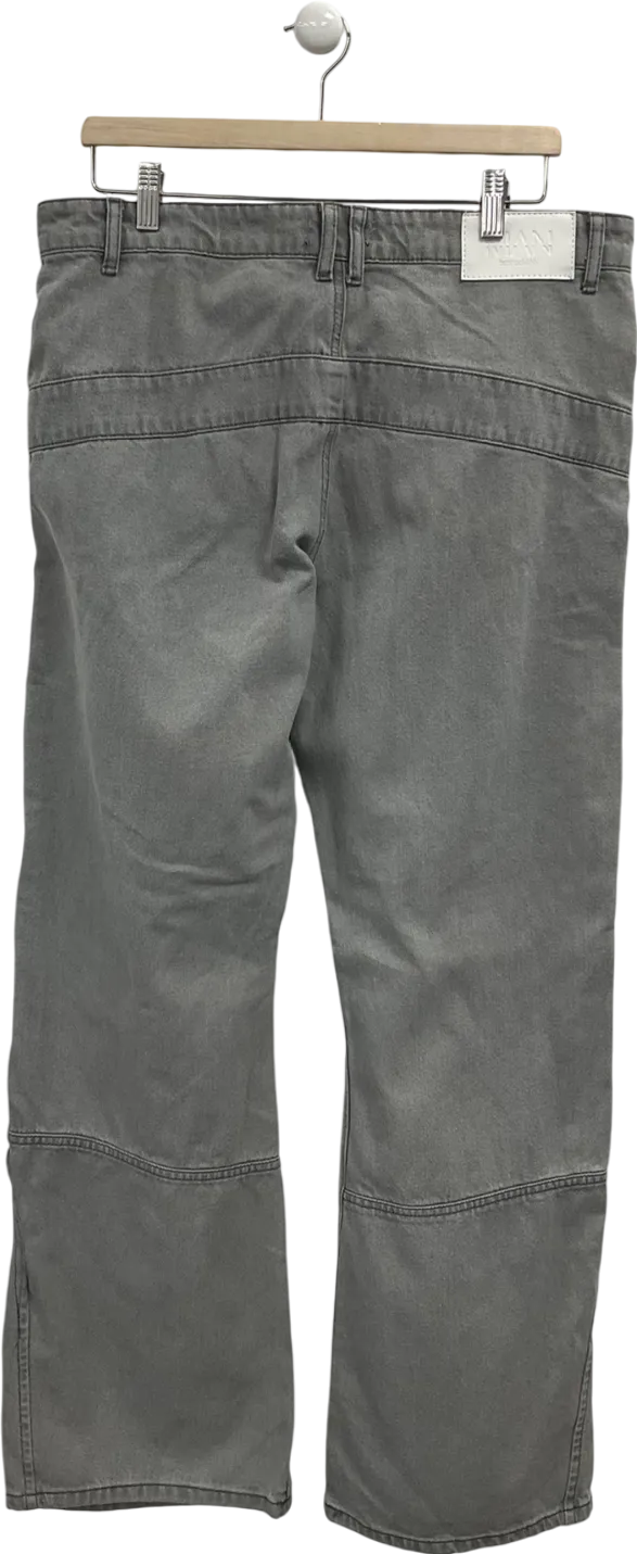 boohooMan Grey Relaxed Rigid Flare Offcl Panel Jeans W34