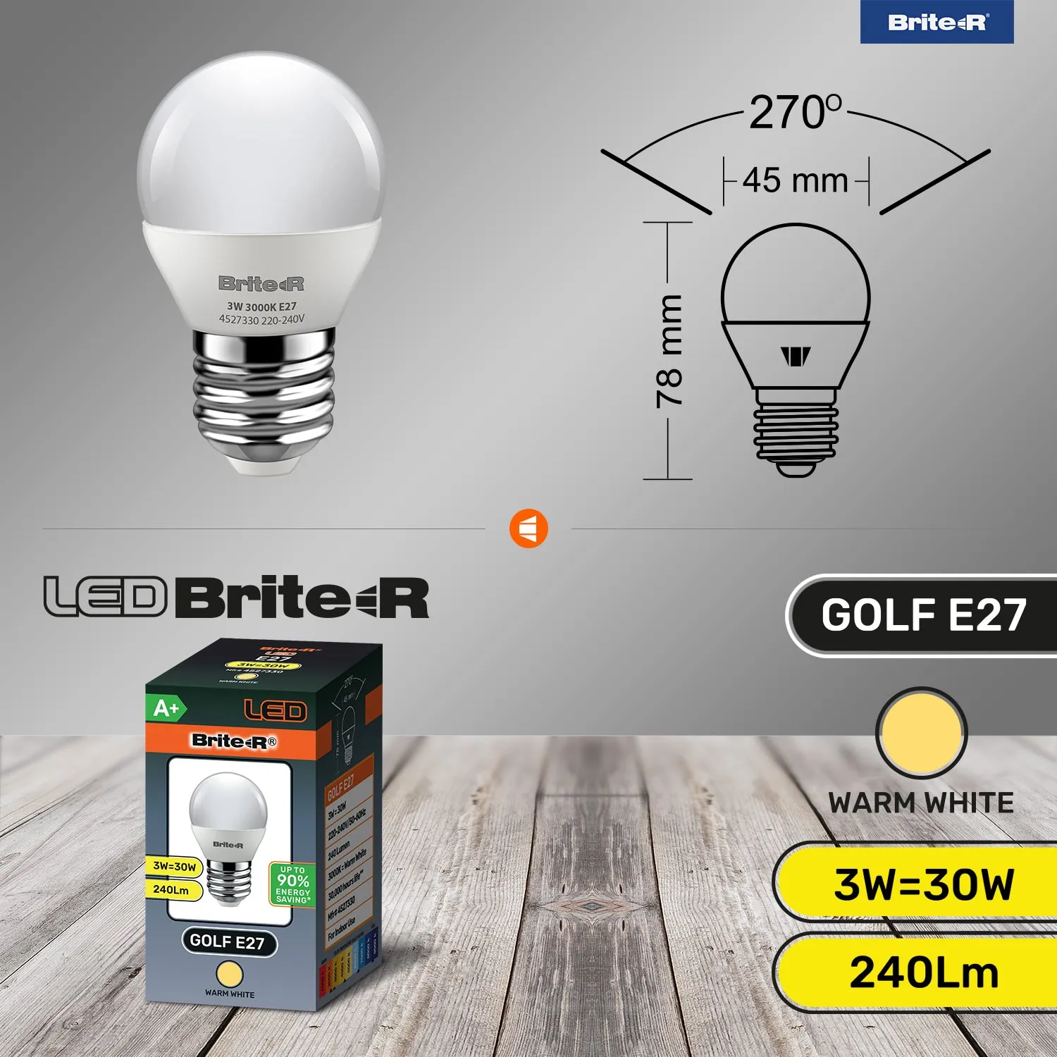 Brite-R 3W E27 ES Golf LED Bulb Warm White 3000K