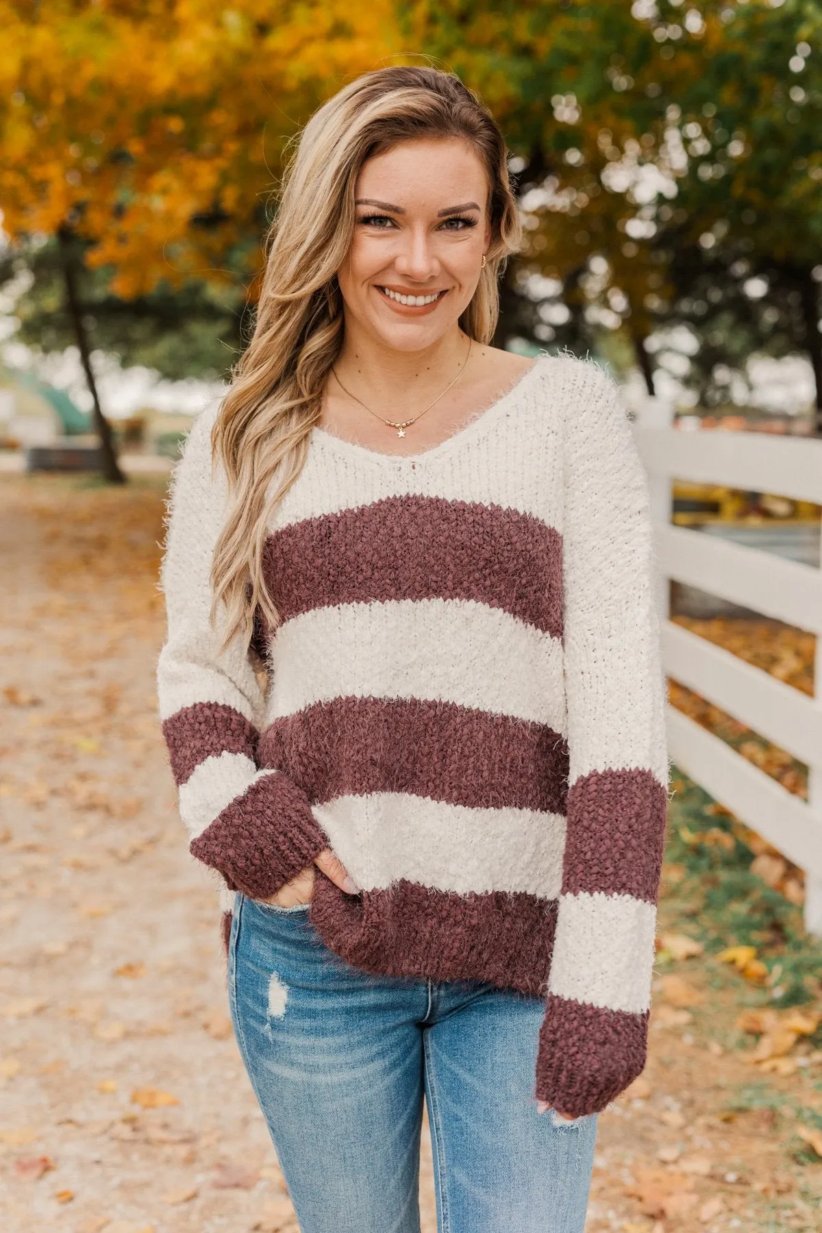 Burning Passion Striped Knit Sweater- Ivory & Burgundy