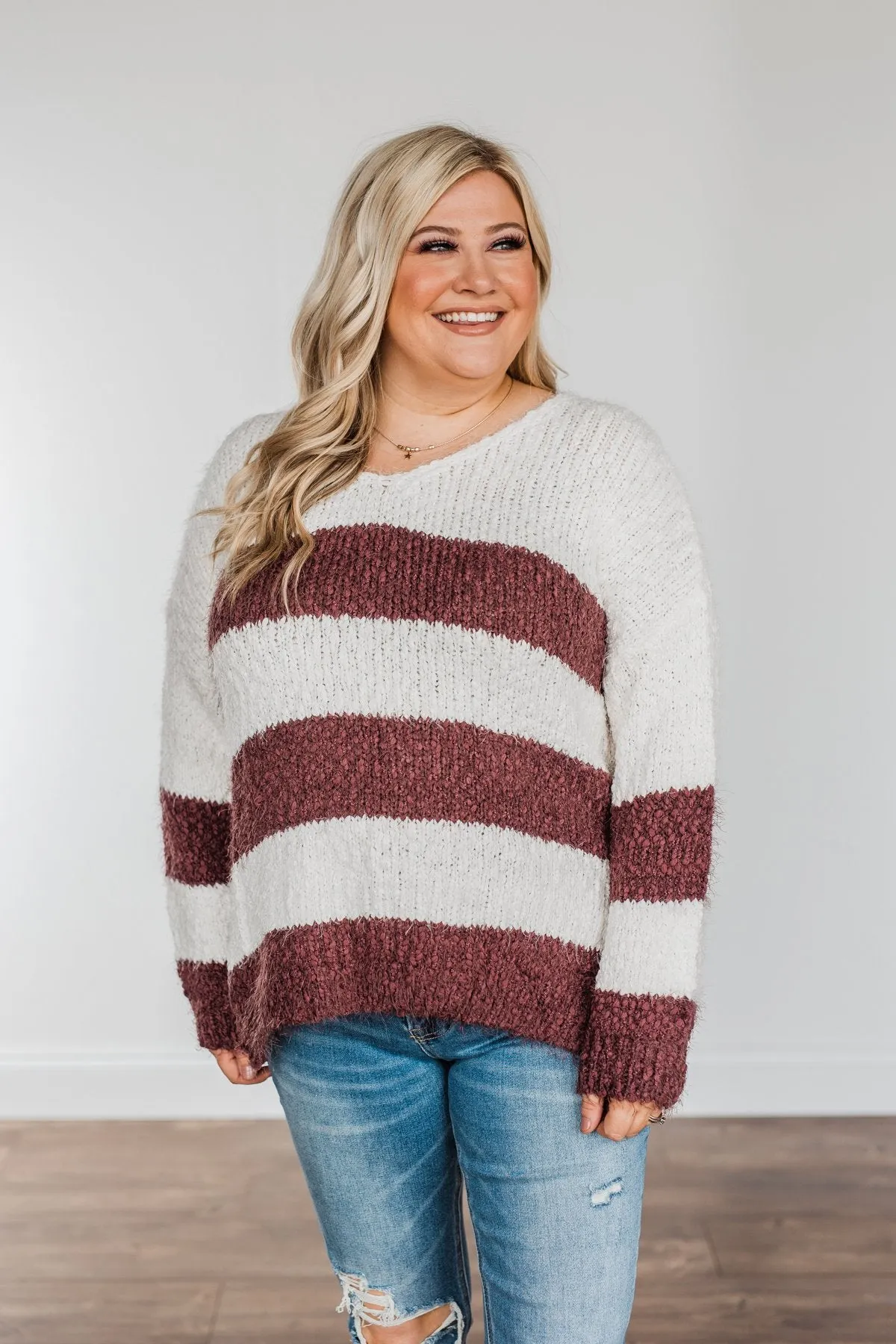 Burning Passion Striped Knit Sweater- Ivory & Burgundy