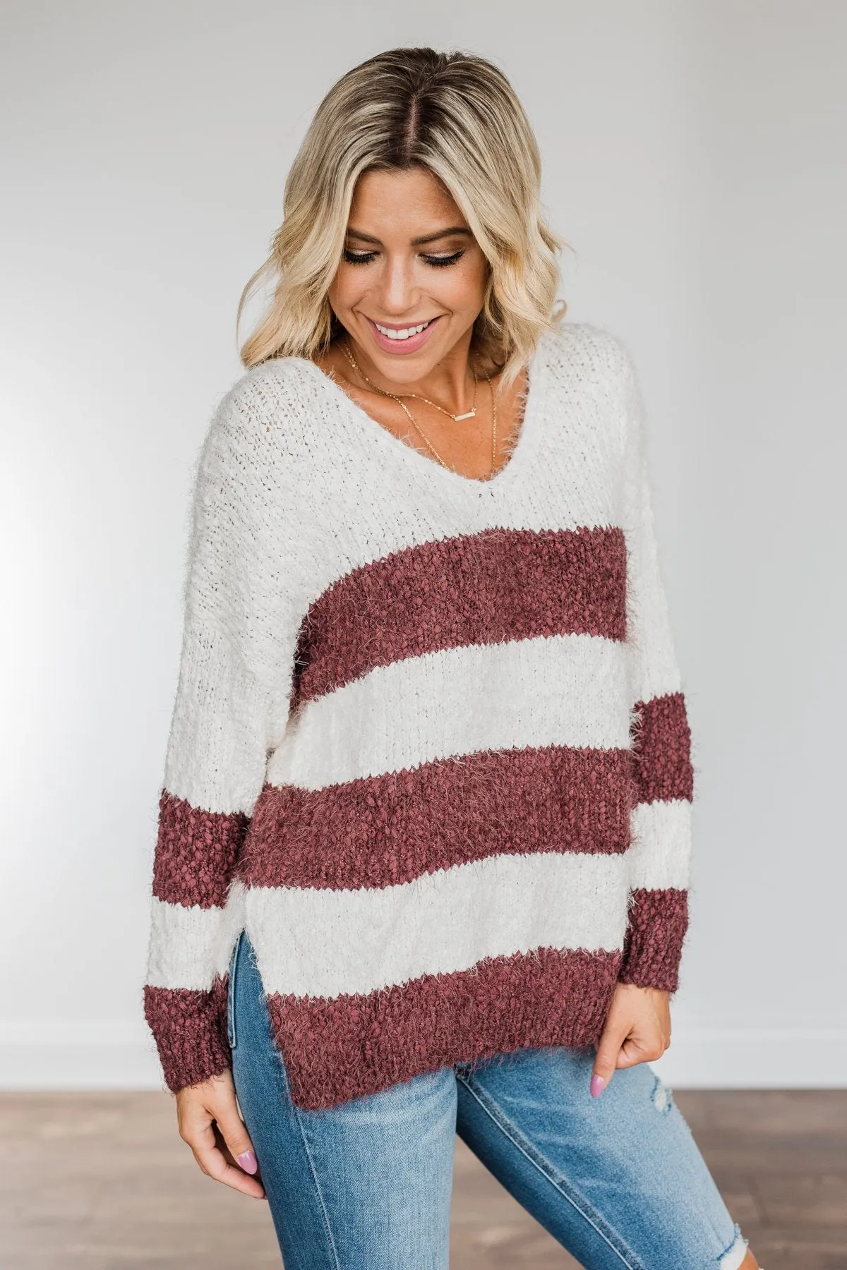 Burning Passion Striped Knit Sweater- Ivory & Burgundy