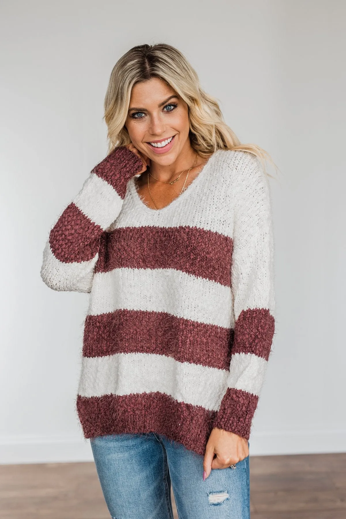 Burning Passion Striped Knit Sweater- Ivory & Burgundy