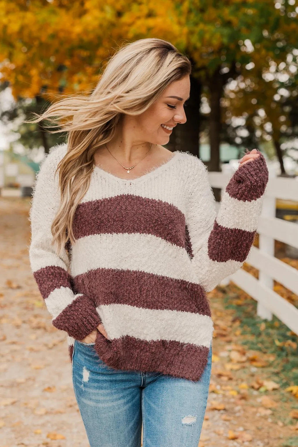 Burning Passion Striped Knit Sweater- Ivory & Burgundy