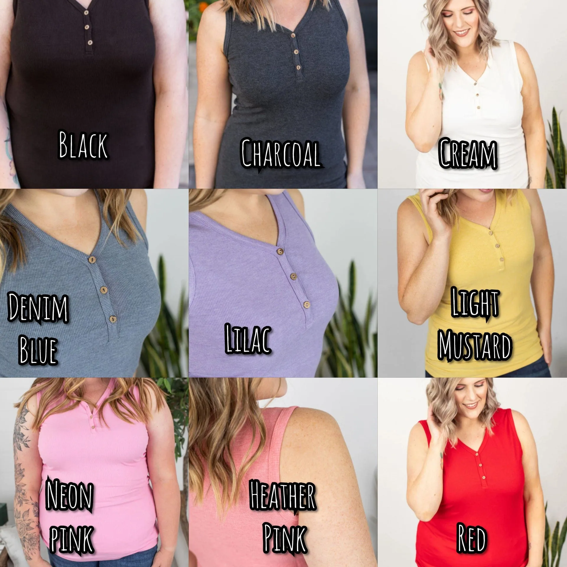 BUTTON FRONT HENLEY TANK (Solid Colors!)