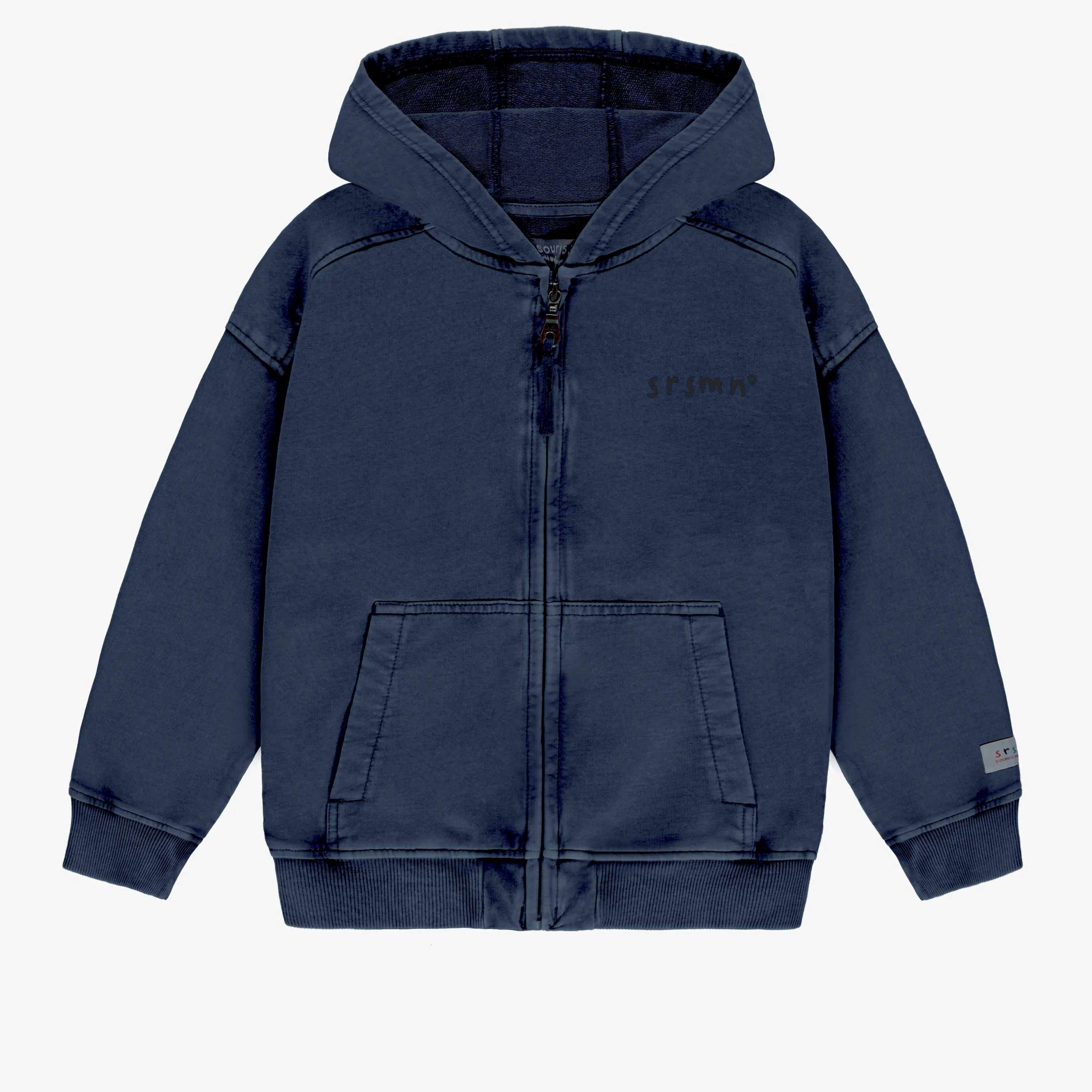 Chandail à capuchon et fermeture éclair marine en coton français, enfant || Navy hooded sweater with zipper in French terry, child