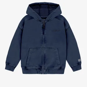 Chandail à capuchon et fermeture éclair marine en coton français, enfant || Navy hooded sweater with zipper in French terry, child
