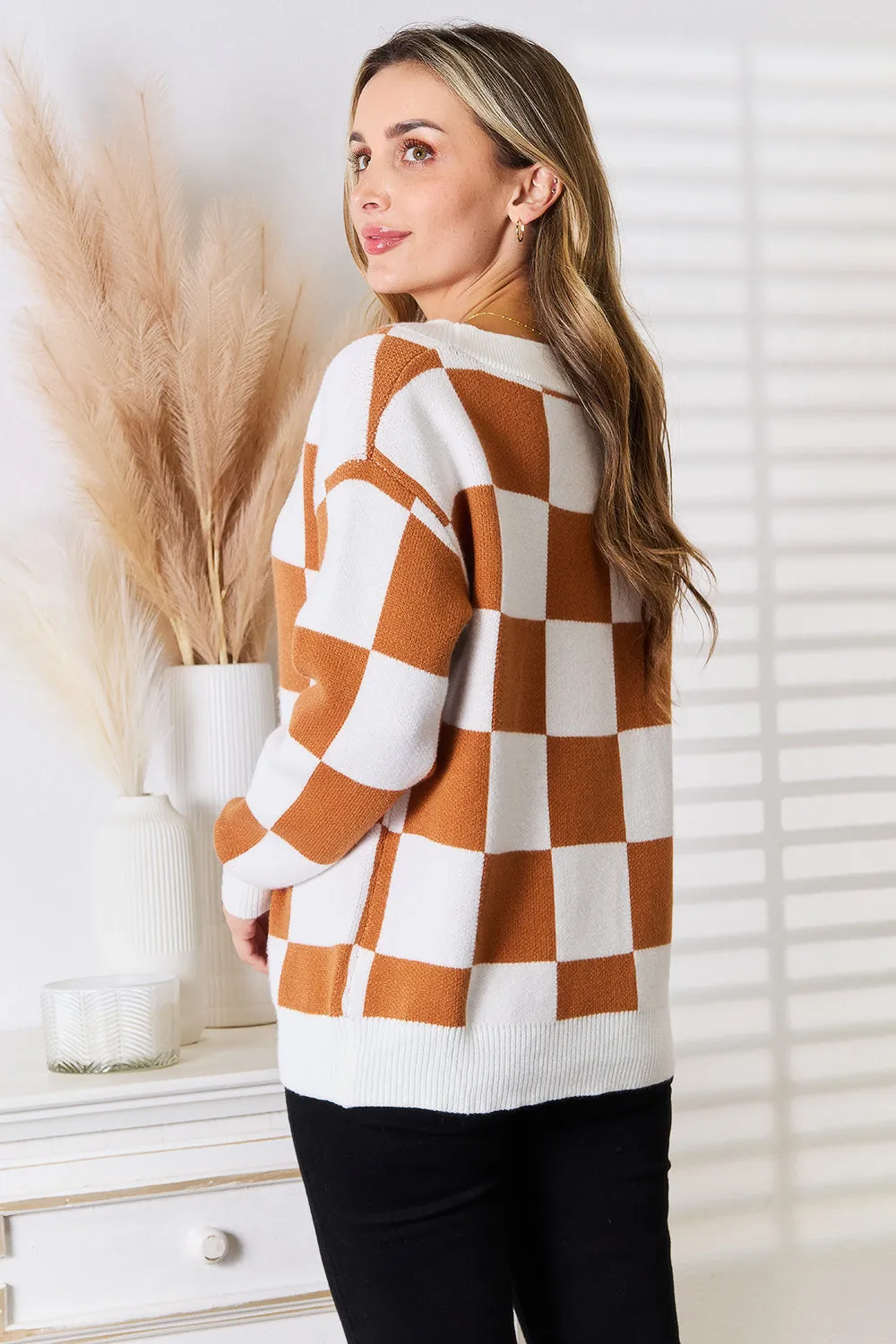 Checkered V-Neck Dropped Shoulder Cardigan