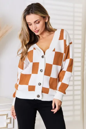 Checkered V-Neck Dropped Shoulder Cardigan
