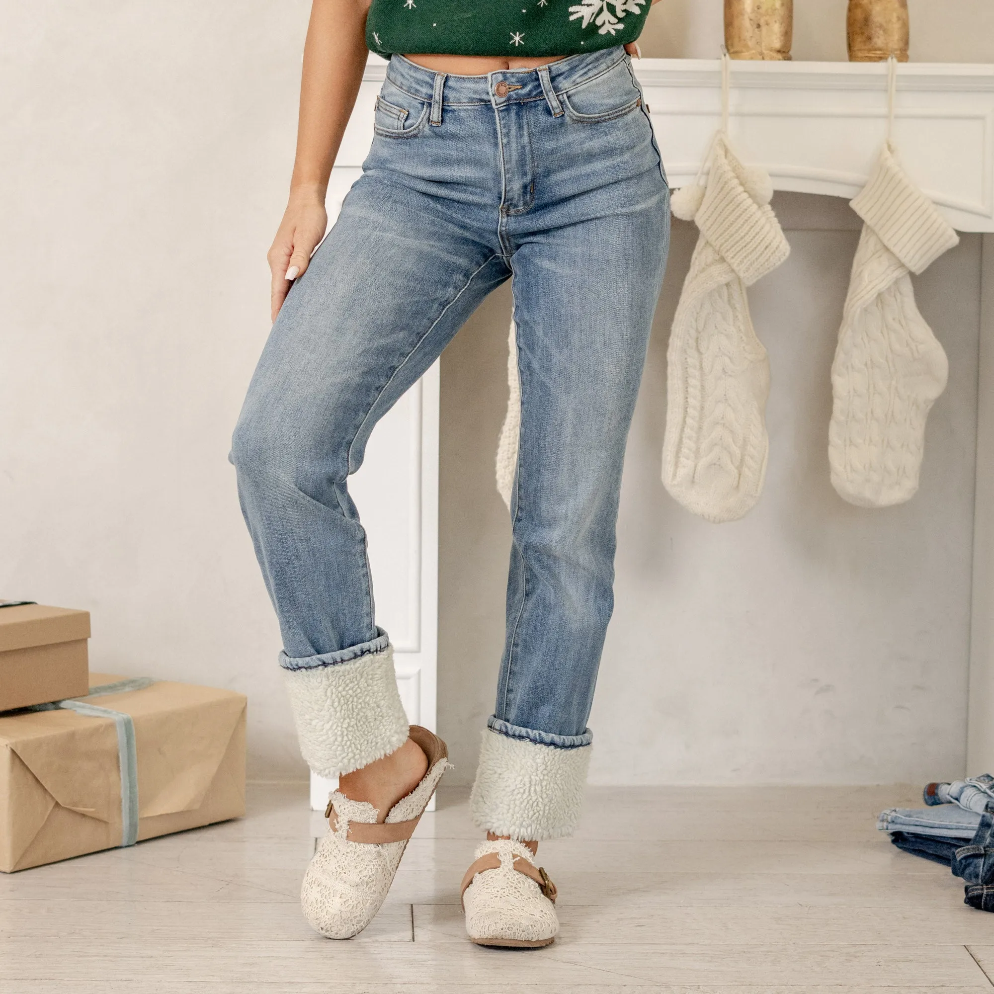 Christmas in a Jean Shearling High Rise Cuffed Straight Leg Regular & Plus Sizes