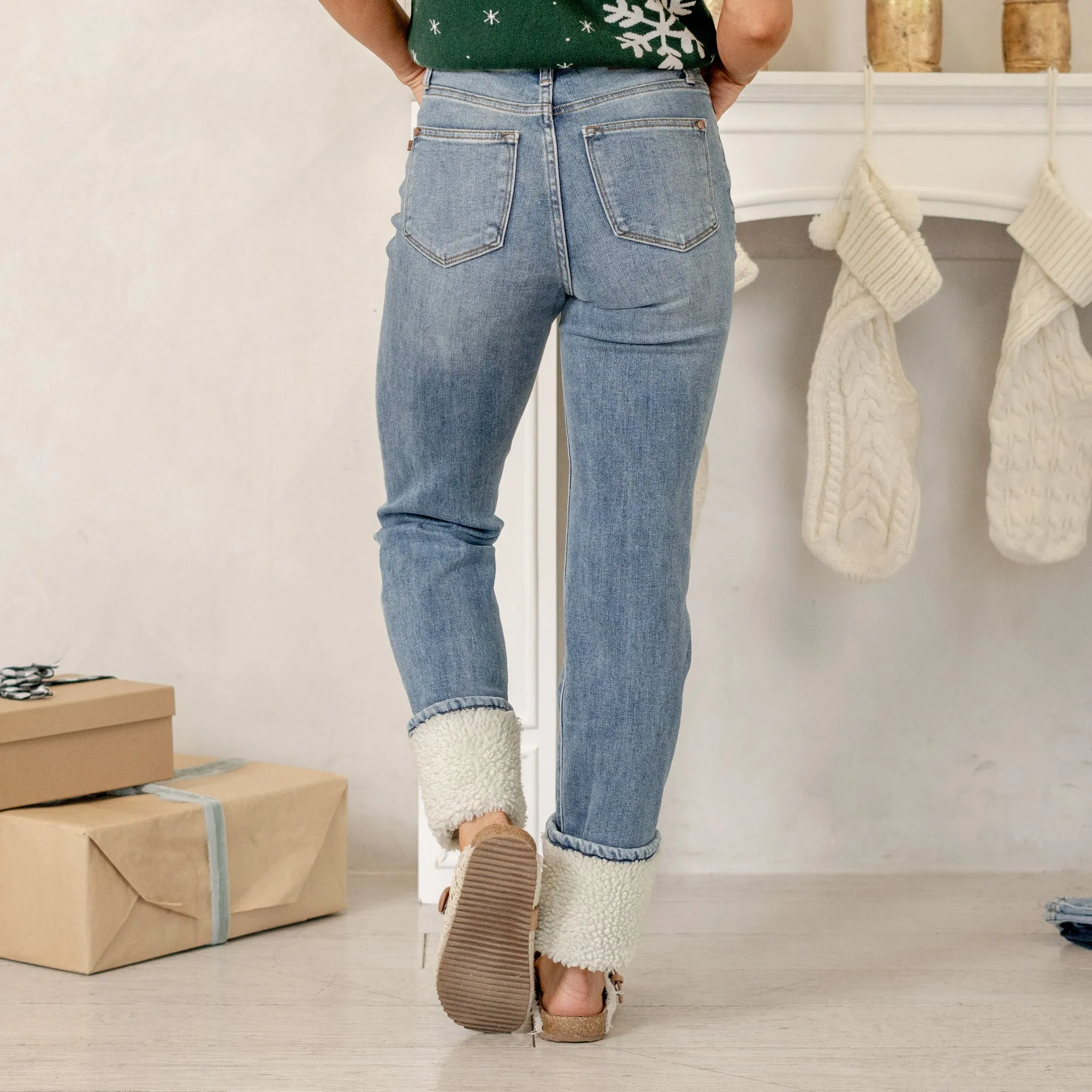 Christmas in a Jean Shearling High Rise Cuffed Straight Leg Regular & Plus Sizes