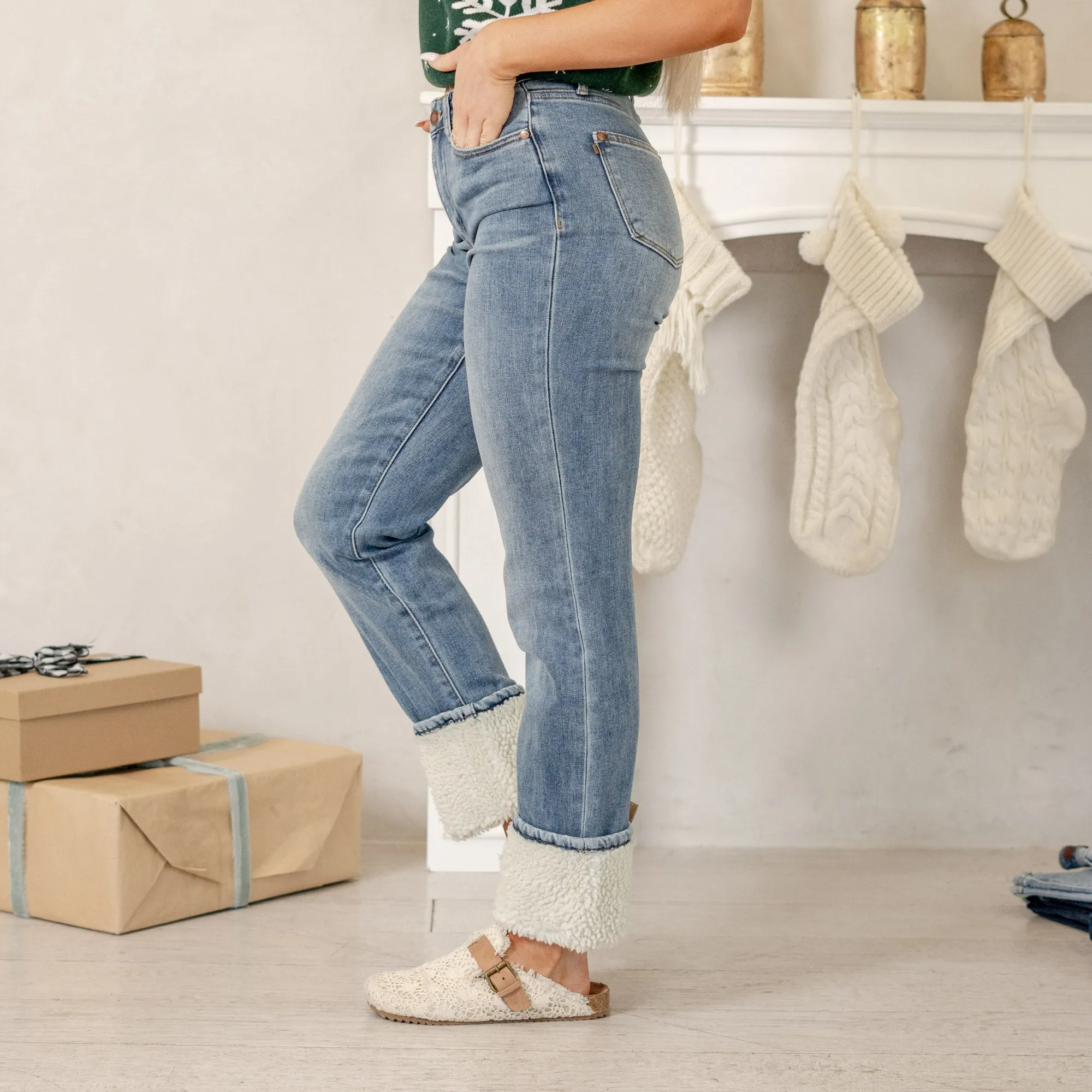 Christmas in a Jean Shearling High Rise Cuffed Straight Leg Regular & Plus Sizes