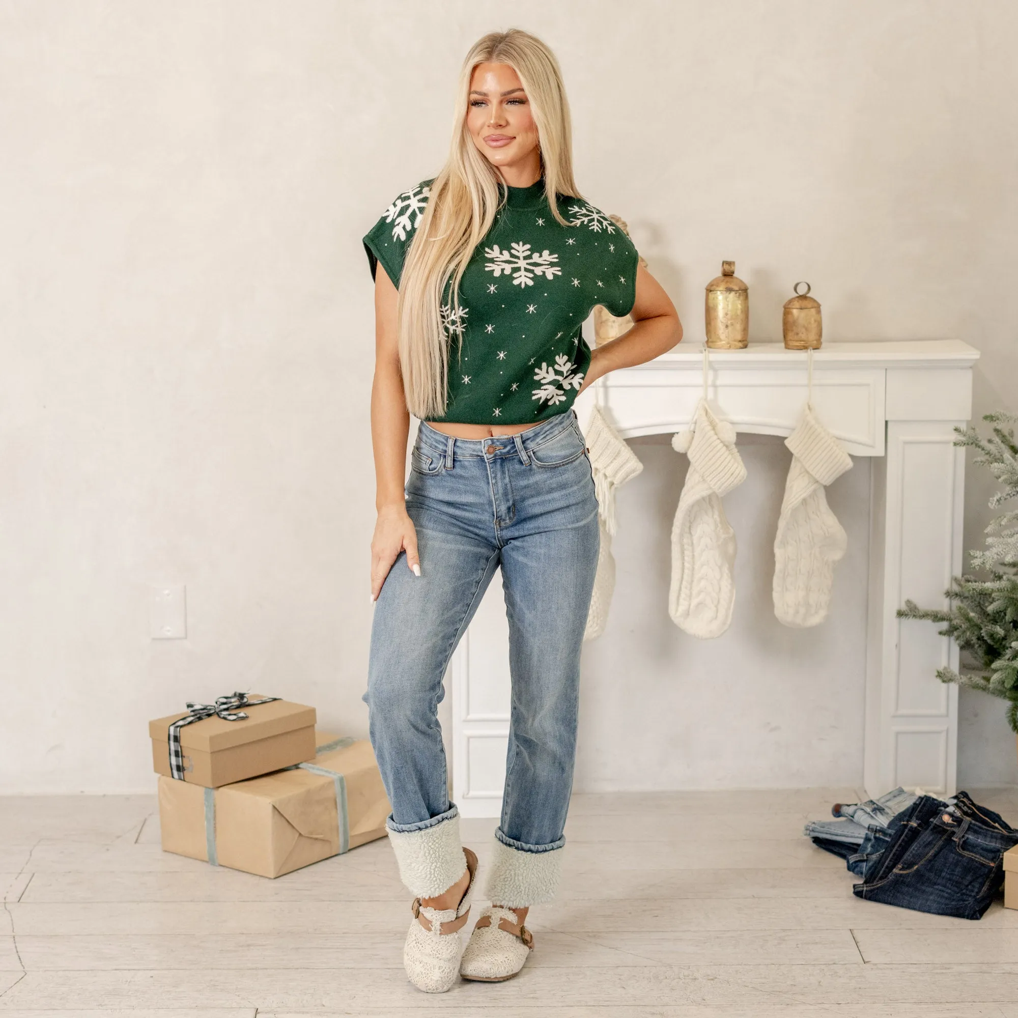 Christmas in a Jean Shearling High Rise Cuffed Straight Leg Regular & Plus Sizes