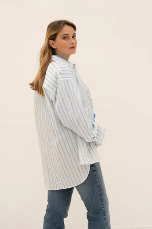 Cotton Poplin Striped Shirt in Azure Blue