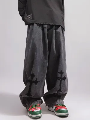 Crosses Wide Leg Baggy Faded Jeans