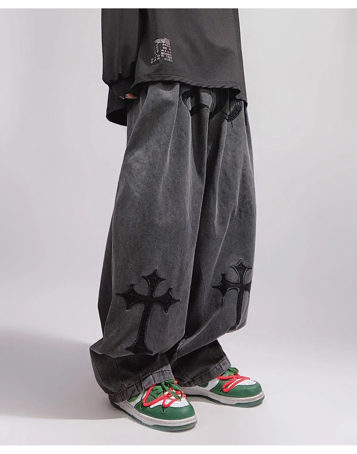 Crosses Wide Leg Baggy Faded Jeans