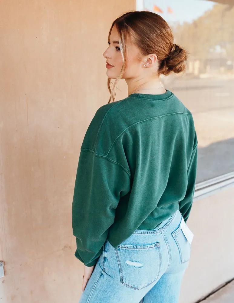 Dark Green Cropped Crewneck Sweatshirt with Raw Hem DZ24E409
