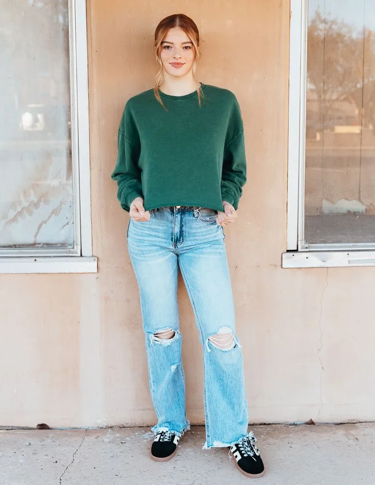 Dark Green Cropped Crewneck Sweatshirt with Raw Hem DZ24E409