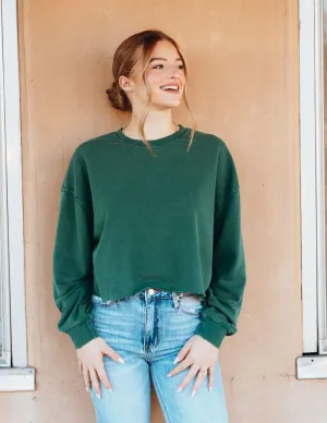 Dark Green Cropped Crewneck Sweatshirt with Raw Hem DZ24E409