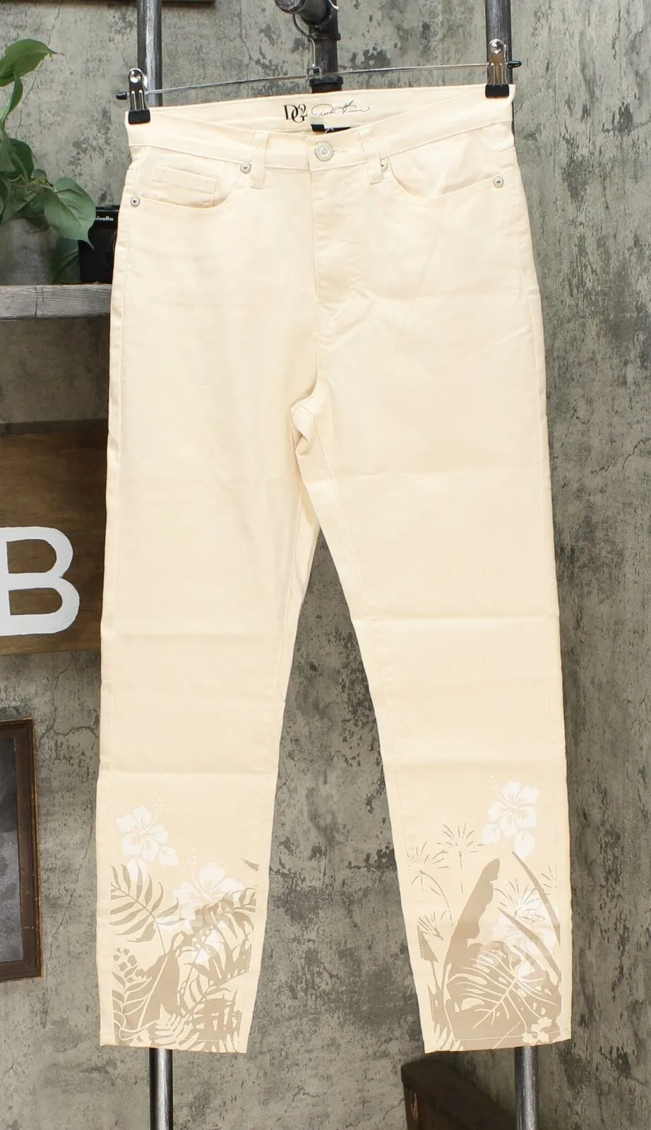 DG2 by Diane Gilman Women's Print Hem Skinny Jeans Cream 6