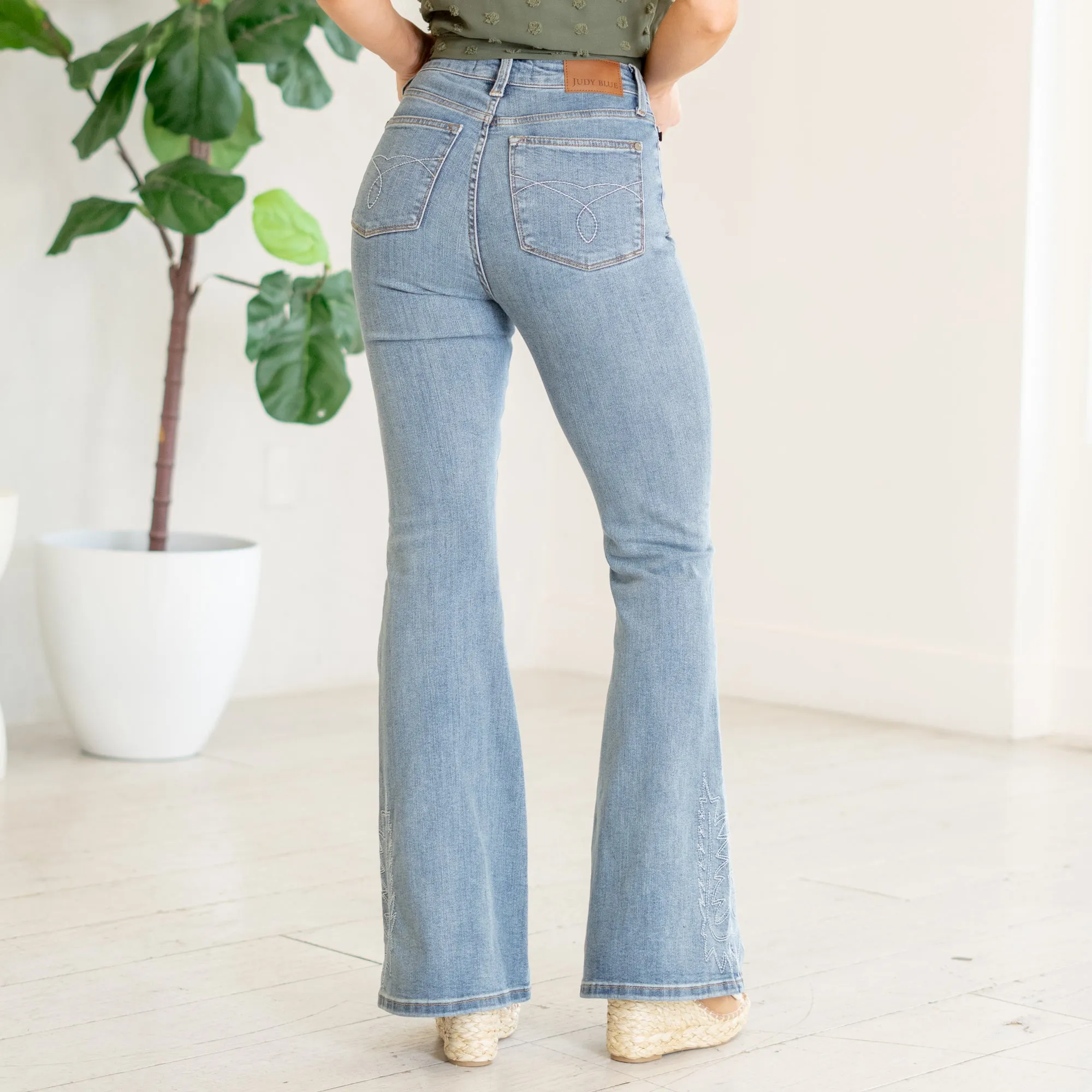 Embroidered High Rise Flare Regular & Plus Sizes