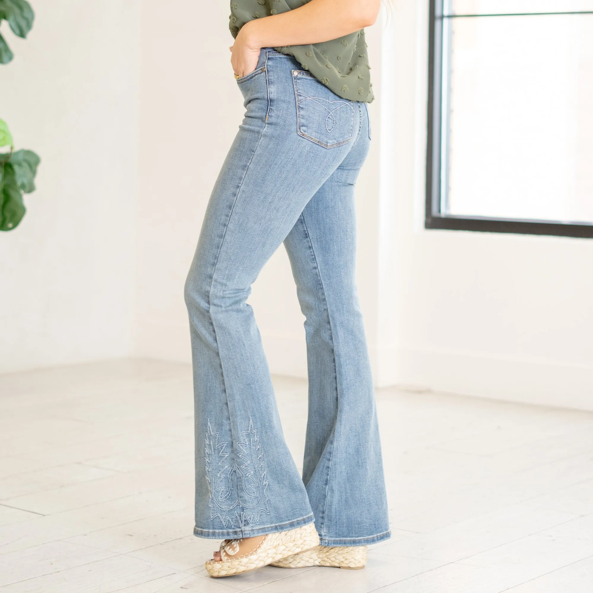Embroidered High Rise Flare Regular & Plus Sizes