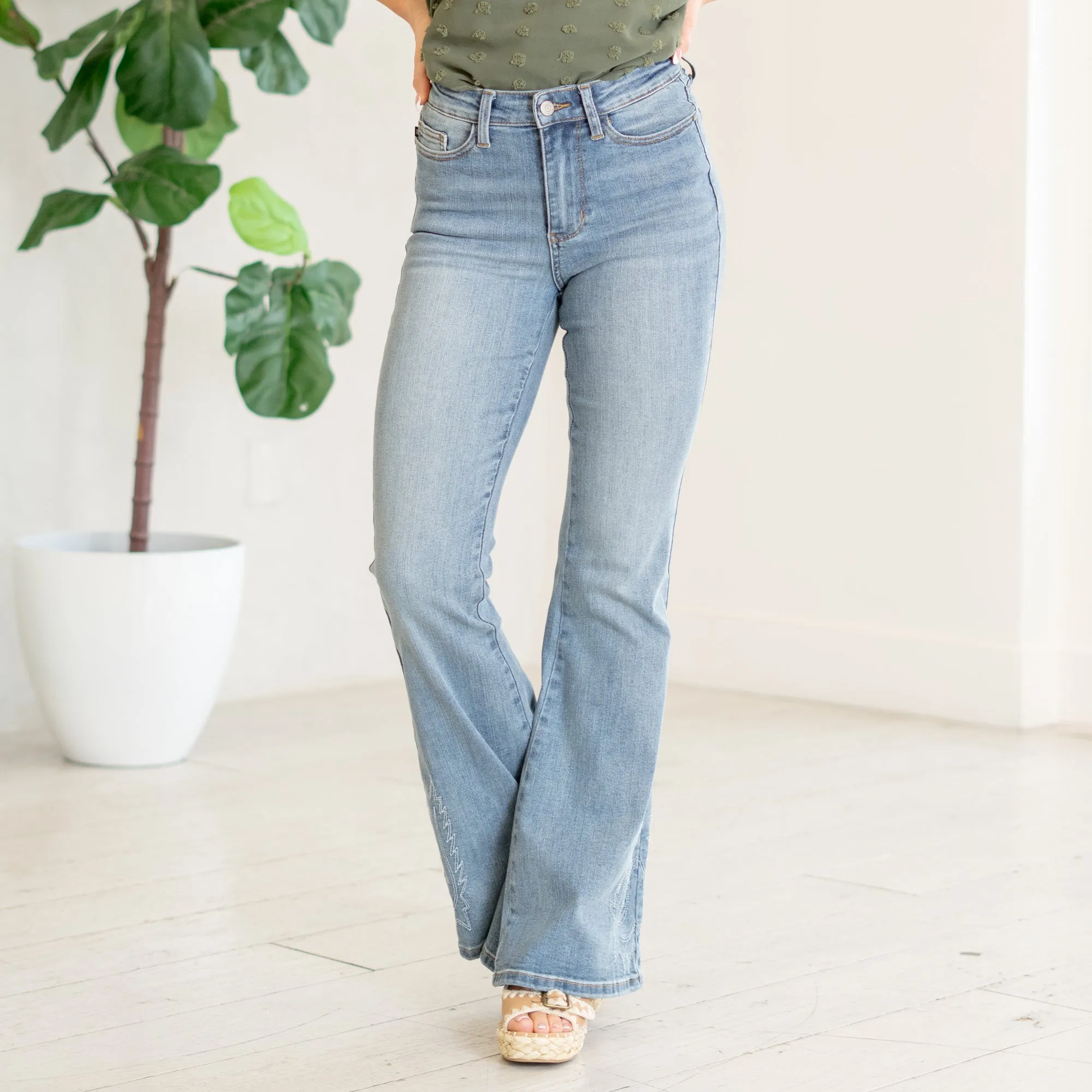 Embroidered High Rise Flare Regular & Plus Sizes