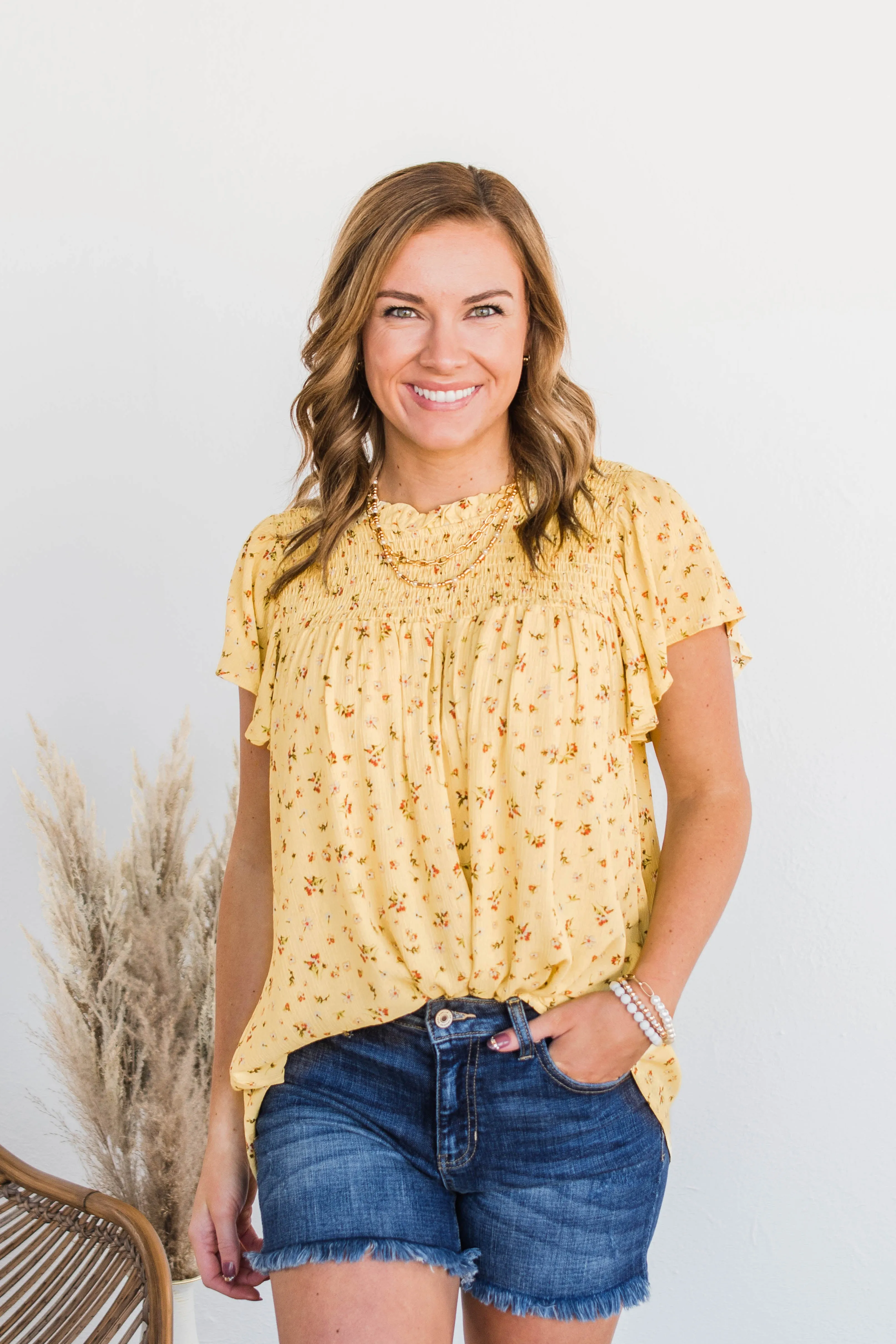 Flower Crown Dreams Smocked Blouse- Pale Yellow