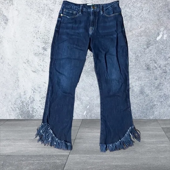 FRAME Le Crop Mini Boot Jeans Womens Blue Bayberry Shredded Raw Hem Denim 29 30