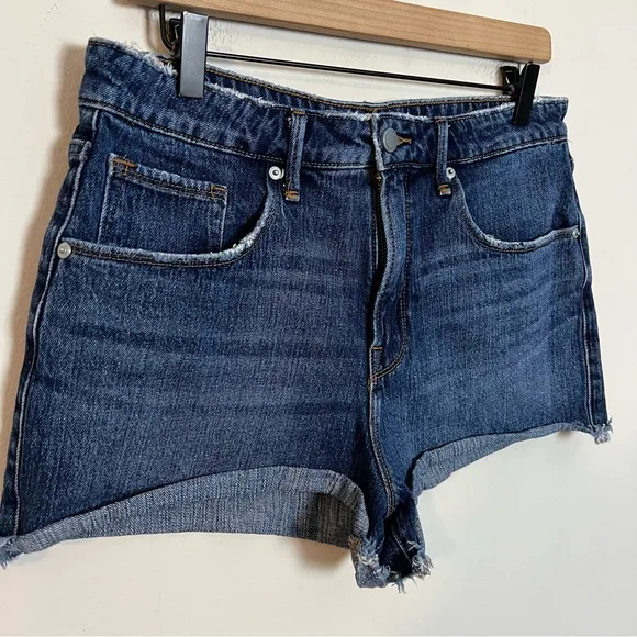 GOOD AMERICAN- Good Vintage Jean Shorts Dark Wash High Rise Distressed Denim