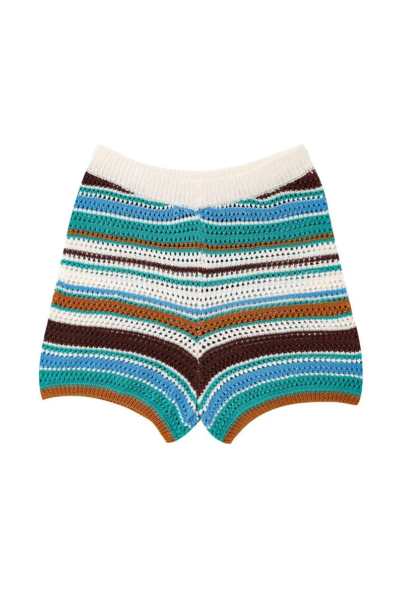 HUZ1317 Retro Stripe Crochet Shorts Set