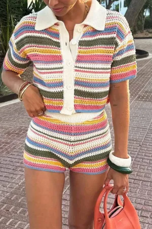 HUZ1317 Retro Stripe Crochet Shorts Set