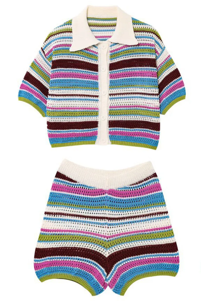 HUZ1317 Retro Stripe Crochet Shorts Set