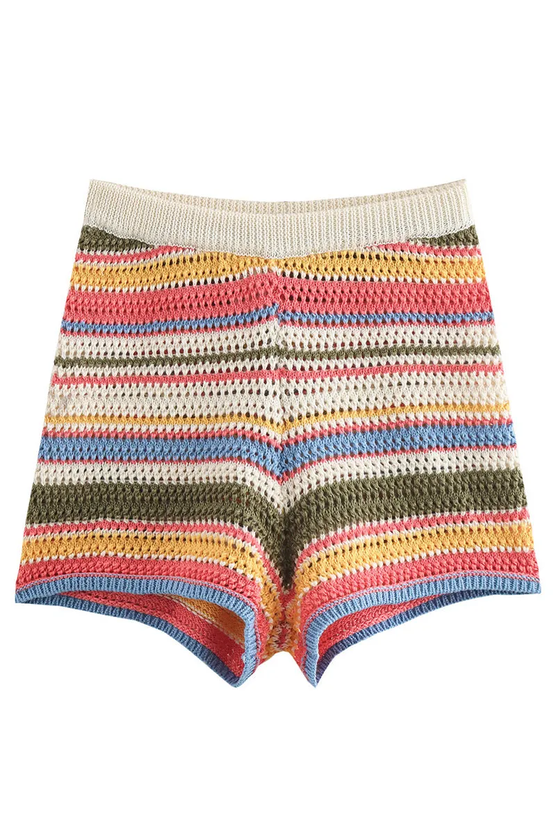 HUZ1317 Retro Stripe Crochet Shorts Set