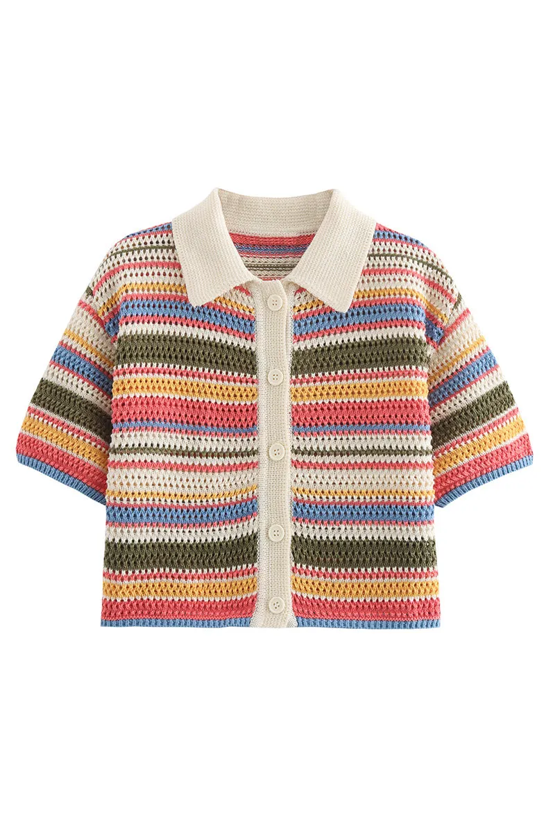 HUZ1317 Retro Stripe Crochet Shorts Set