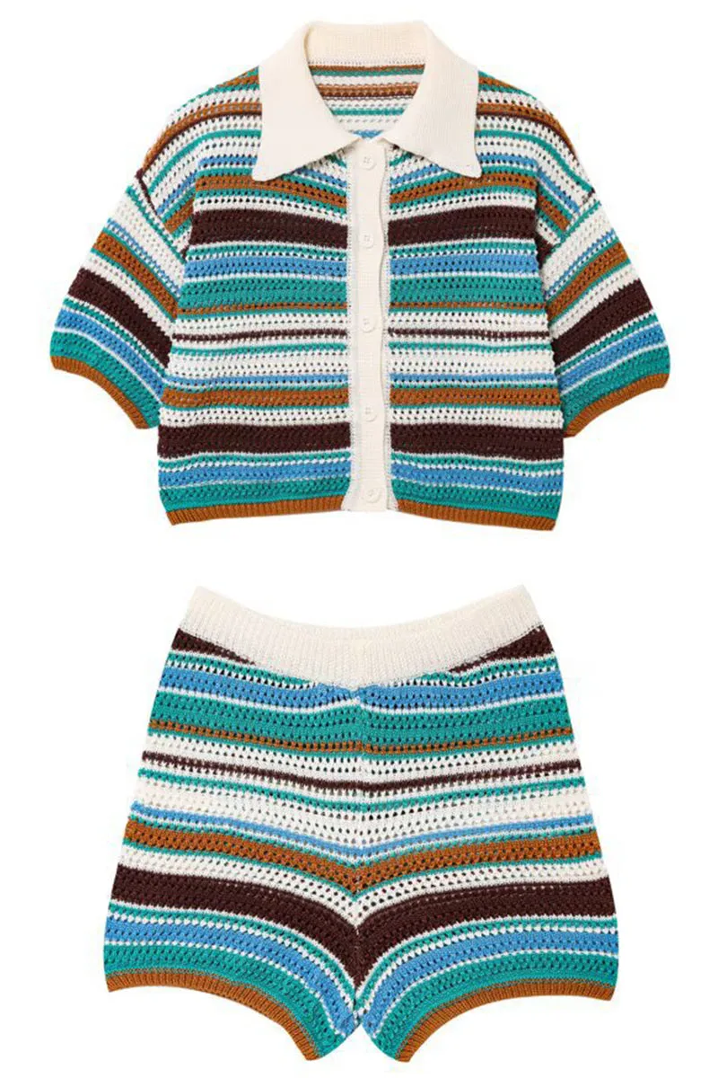 HUZ1317 Retro Stripe Crochet Shorts Set