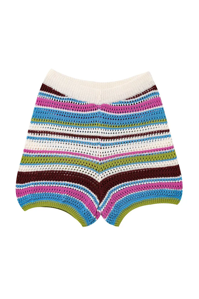 HUZ1317 Retro Stripe Crochet Shorts Set
